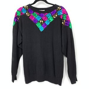Vintage Noah Sweater Womens M Black Sequin Geometric Ramie Cotton 80s Party